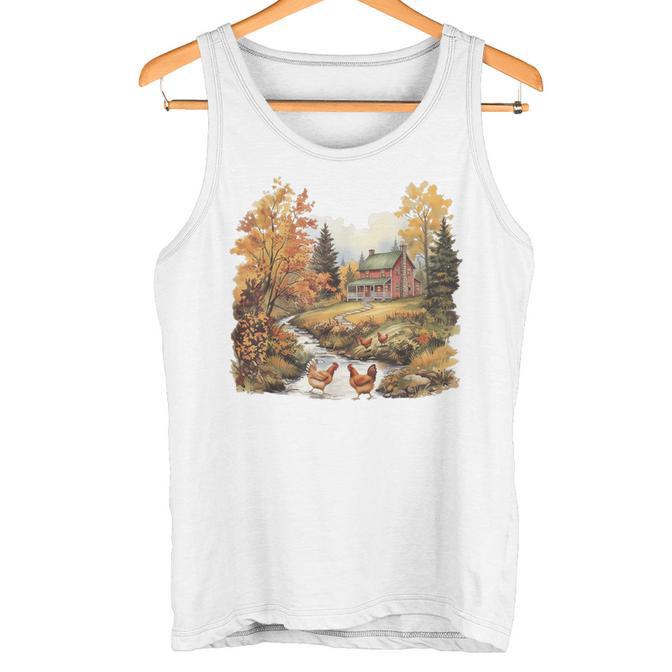 Retro Chickens And Red Barn Crew Neck For Fall Tank Top